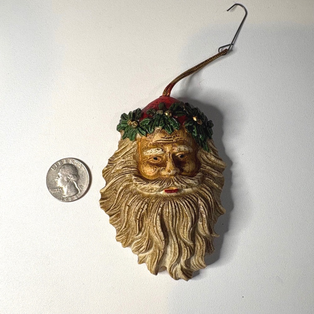Vintage Hand Painted Old World Santa Face Molded Hard Foam 3.75" Ornament